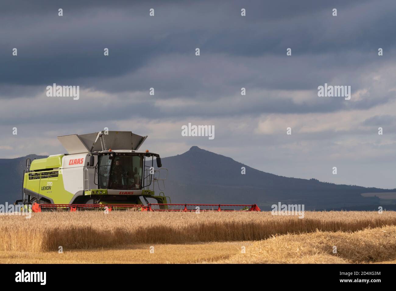 Une moissonneuse-batteuse fonctionnant dans un champ d'orge dans Aberdeenshire avec Bennachie en arrière-plan Banque D'Images