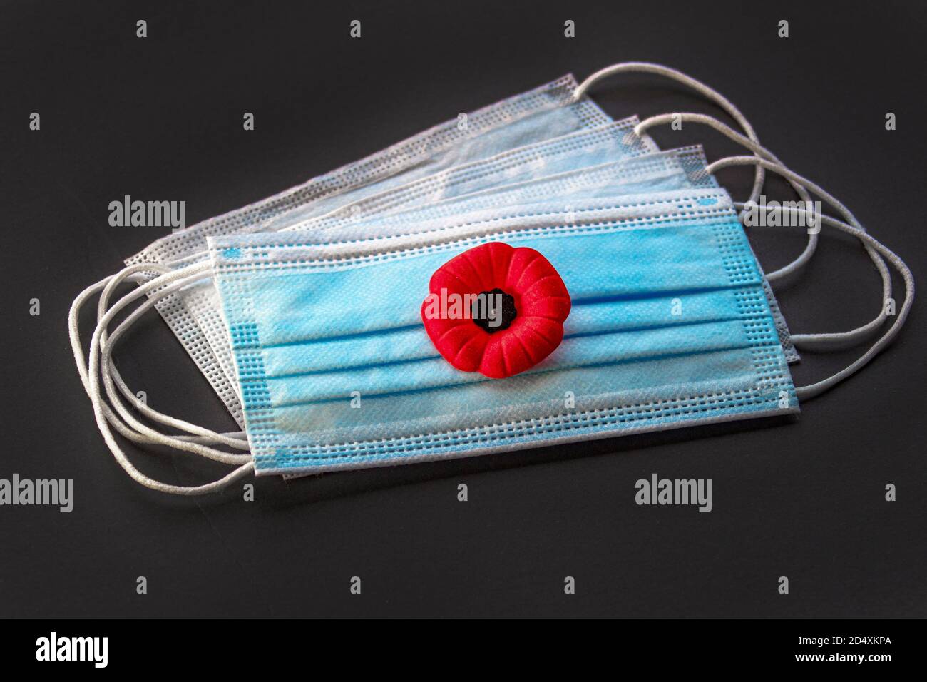 Fleur de coquelicot du jour du souvenir avec masque facial. Concept jour du souvenir pendant la pandémie de Covid-19 Banque D'Images