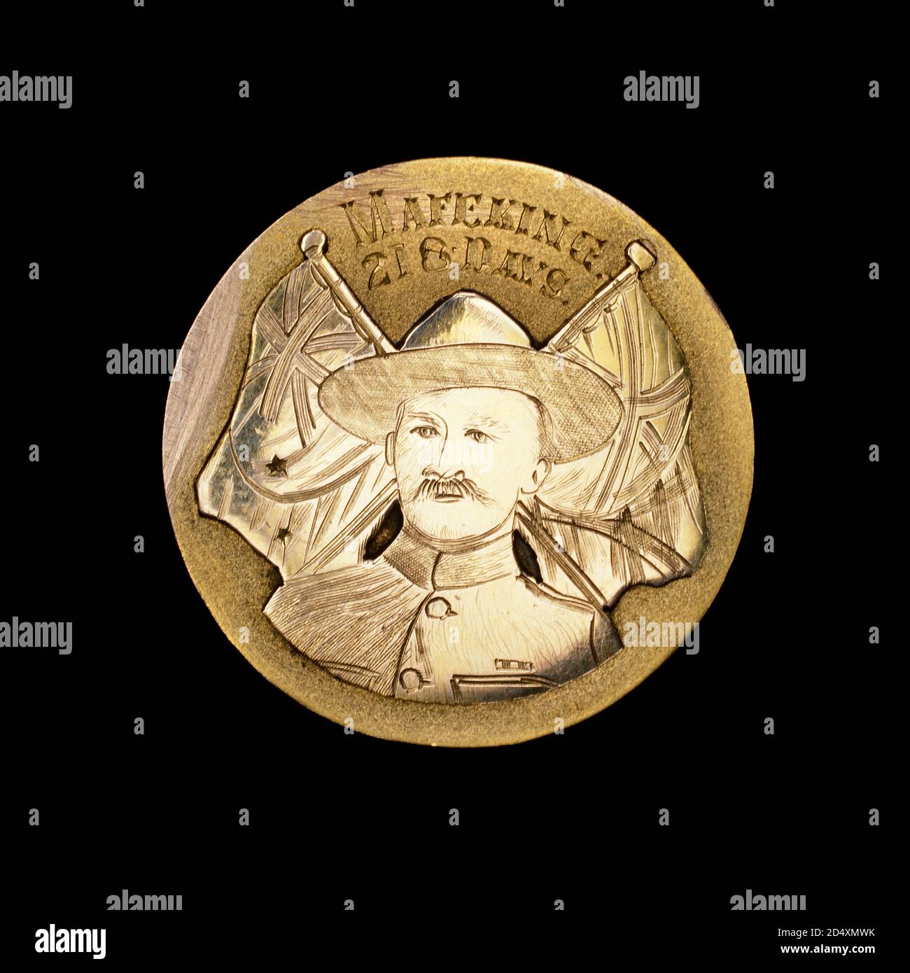 Médaille de guerre du Boer britannique célébrant la défense contre le siège De Mafeking et représentant Robert Baden-Powell Banque D'Images