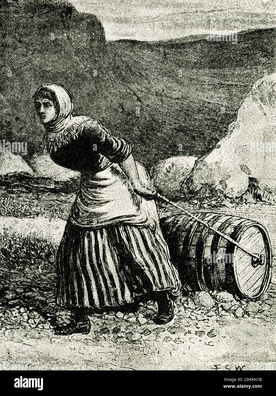 Cette illustration de la fin du XIXe siècle montre un crofter féminin en Écosse. Les Crofters sont des gens qui vivent et travaillent sur les terres de croft. Habituellement, ils sont locataires de la personne qui possède le terrain (c'est le vrai sens juridique du mot crofter), mais, ces derniers temps, certains crofters ont acheté leurs crofts et deviennent propriétaires-occupants. Les activités de cropage comprennent les activités de cropage : coupe de la tourbe, récolte du maïs, obtention de champs de fauchage. Banque D'Images