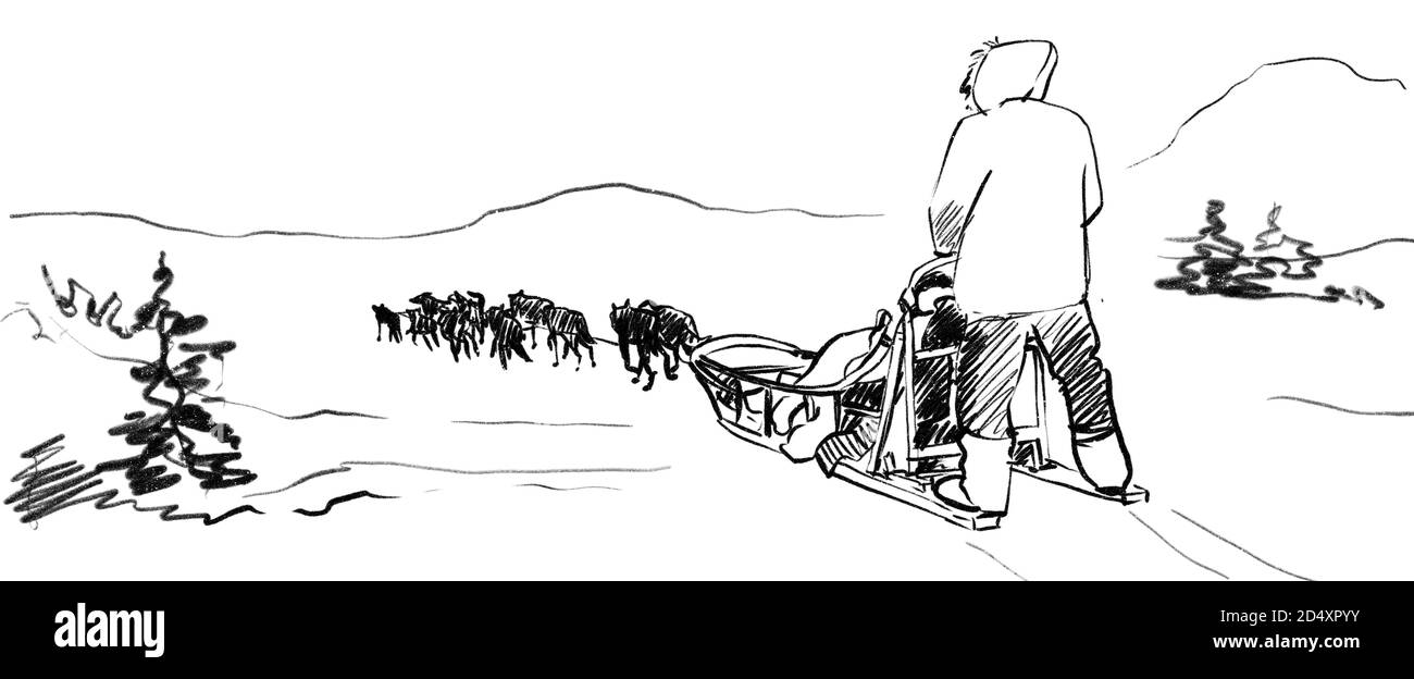 Croquis au crayon d'une équipe de chiens de traîneau. Arrière-plan hiver paysage du nord. Illustration du fonctionnement de husky Banque D'Images