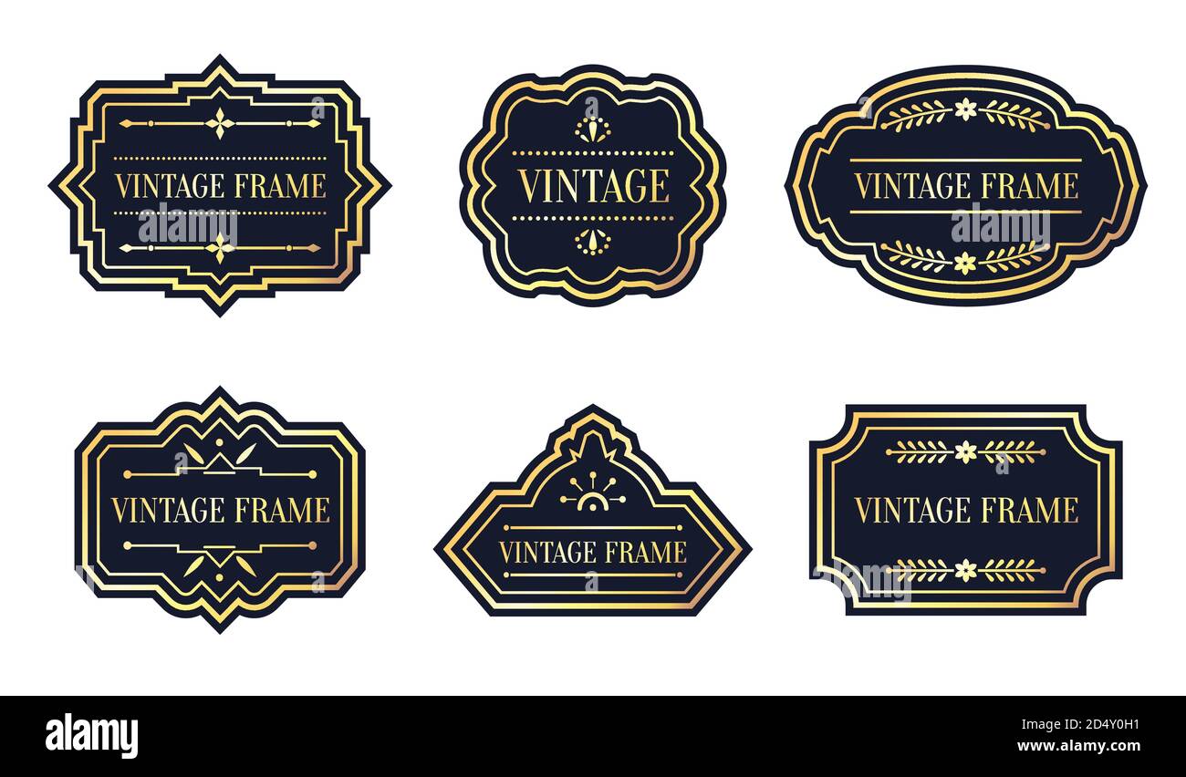 Étiquettes noires rétro avec cadre doré vintage ensemble. Forme différente bordure vide étiquette menu prix de vente avec éléments décoratifs. Modèle d'emballage pour la bannière textuelle, l'autocollant. Illustration vectorielle isolée Illustration de Vecteur