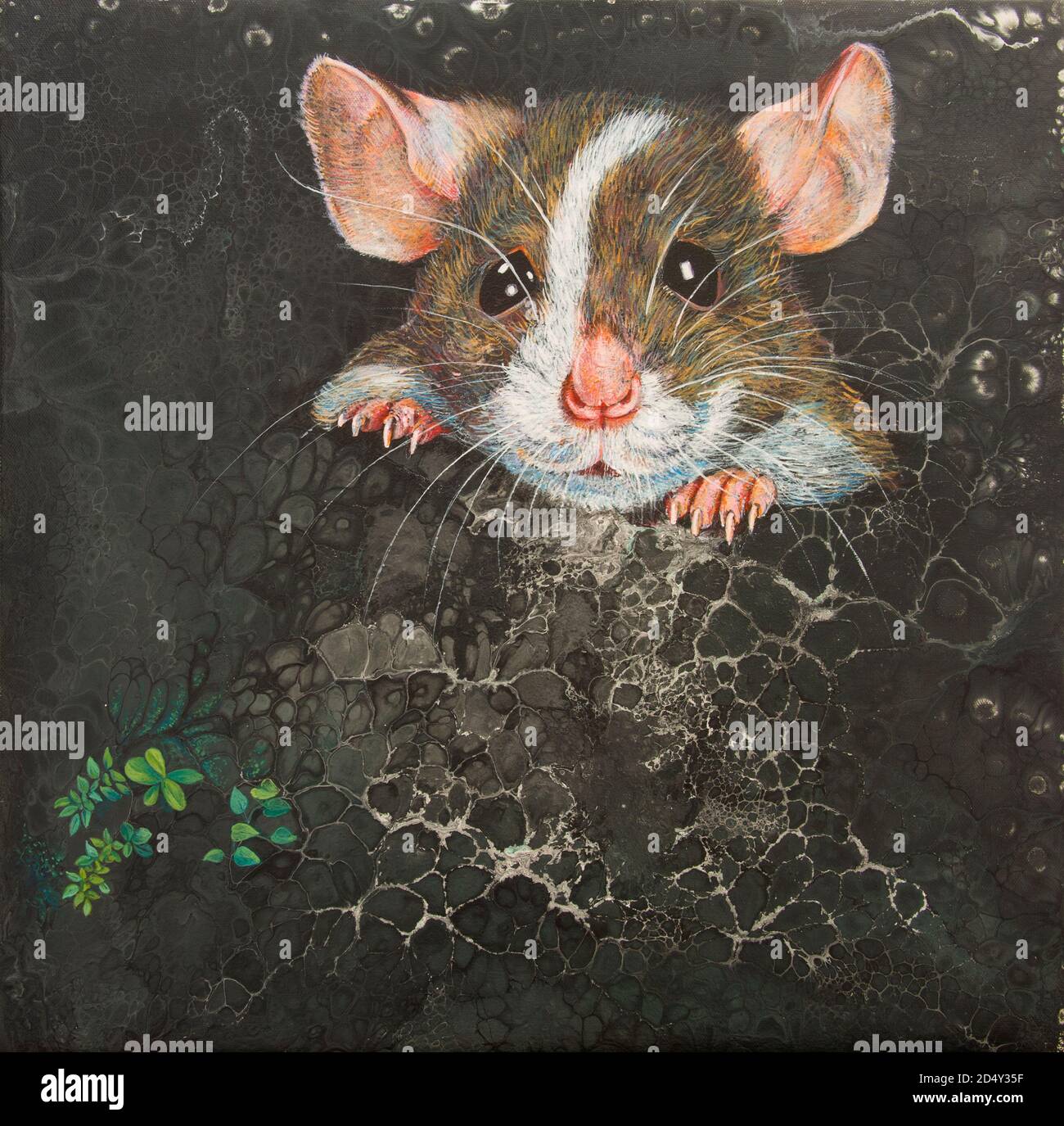 Une souris a tiré la tête du sol. Peinture acrylique sur toile Banque D'Images