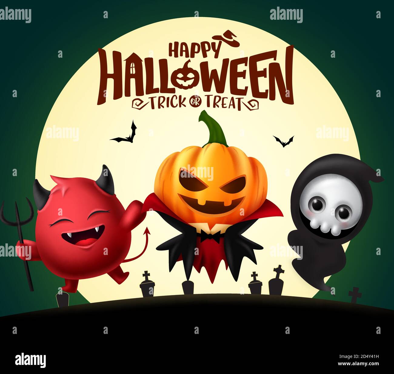 Motif bannière vectorisé d'Halloween. Joyeux texte halloween avec des personnages effrayants comme la citrouille, la grim reaper et les personnages démon. Illustration de Vecteur