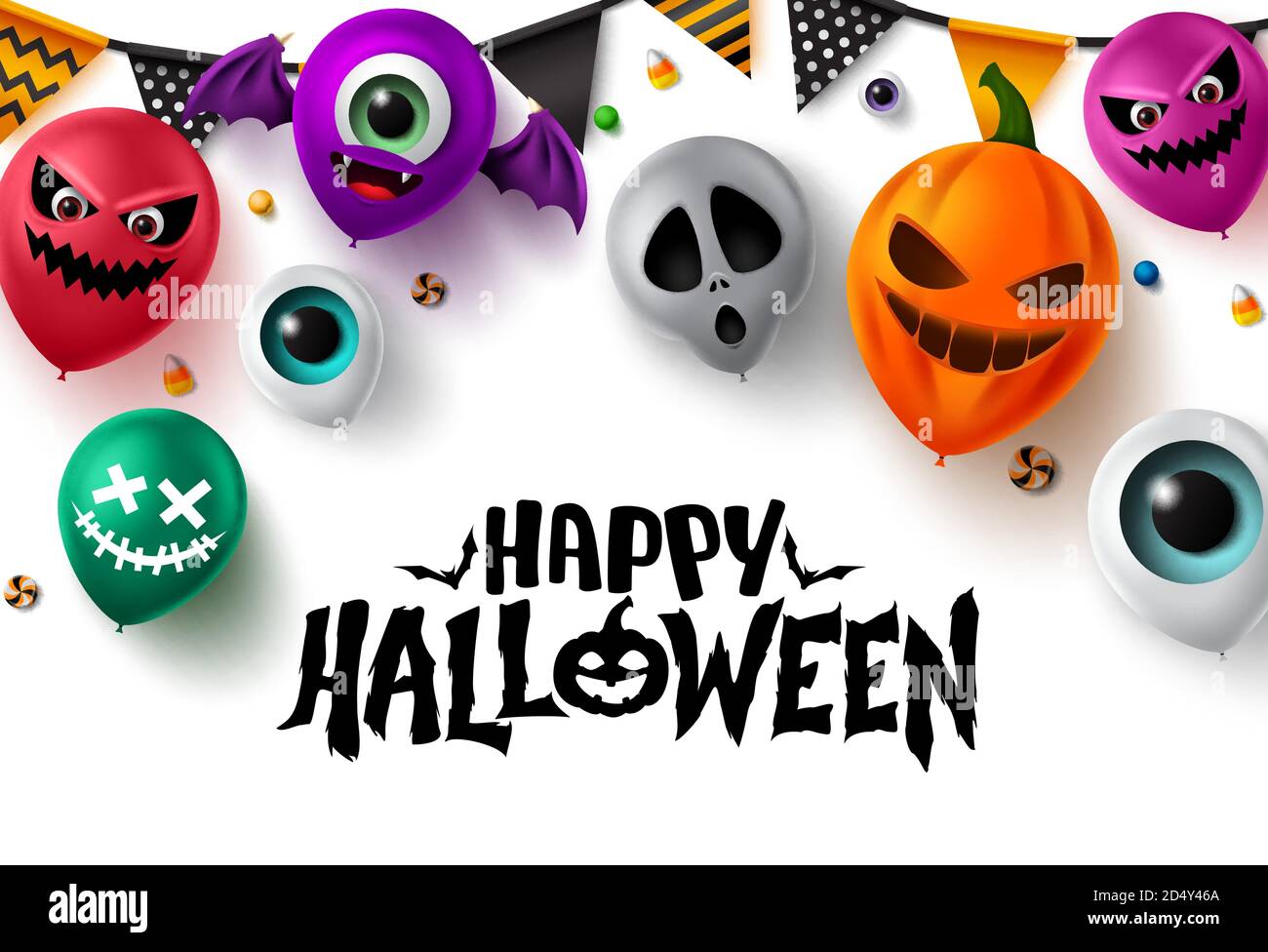 Motif banderole vecteur d'arrière-plan Happy halloween. Joyeux texte halloween avec des ballons colorés élément dans le visage effrayant comme la citrouille, le globe oculaire, la chauve-souris. Illustration de Vecteur