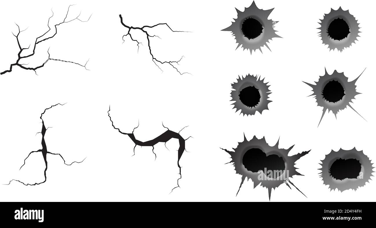 Jeu de trous de balle et de fissures de masse. Trou cylindrique simple et double en métal, effet de dommage. Tremblement de terre et fissures de terre, craquelure et texture de mur endommagée. Illustrations vectorielles pour les sujets tremblement de terre, accident, destruction Illustration de Vecteur