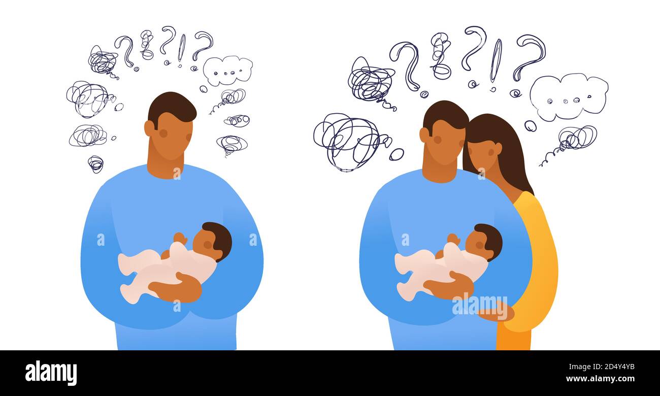 Ensemble d'illustrations vectorielles isolées sur les questions de la maternité, de l'éducation et de la prise en charge d'un nouveau-né, de la dépression. Un homme embrasse un enfant et pense, dessin animé Illustration de Vecteur