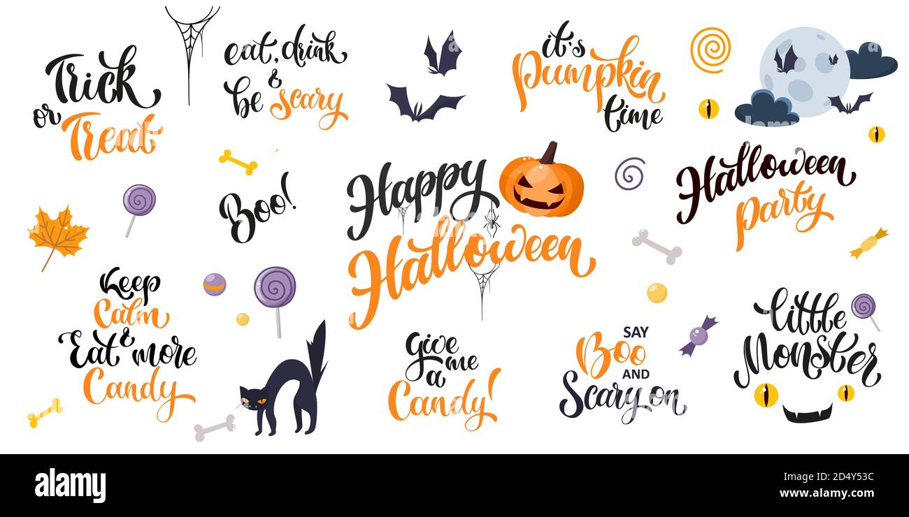 Ensemble de lettres de dessin animé pour Halloween. Texte écrit à la main avec des citations populaires d'halloween. Design vectoriel pour bannières, cartes, affiches, prospectus et invitations de fête Illustration de Vecteur
