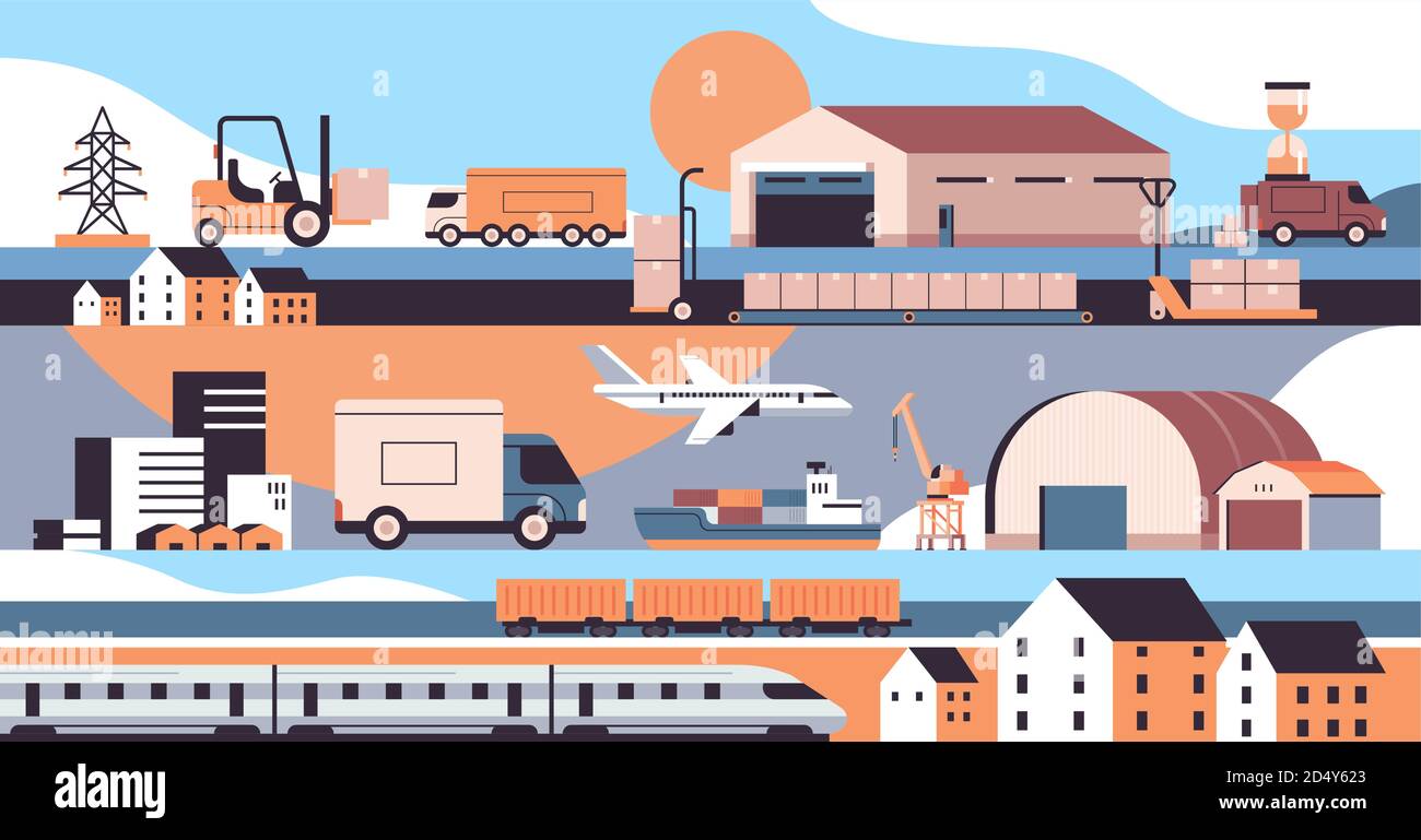 ensemble de transport logistique camions navire avion train entrepôt symboles de cargaison illustration vectorielle horizontale du concept de service de livraison express Illustration de Vecteur