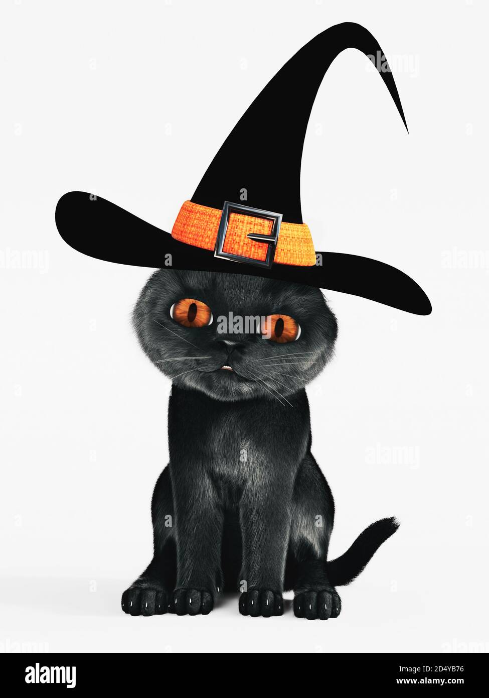 Rendu 3D d'un joli chat noir d'Halloween avec des yeux orange portant un chapeau de sorcière. Arrière-plan blanc. Banque D'Images