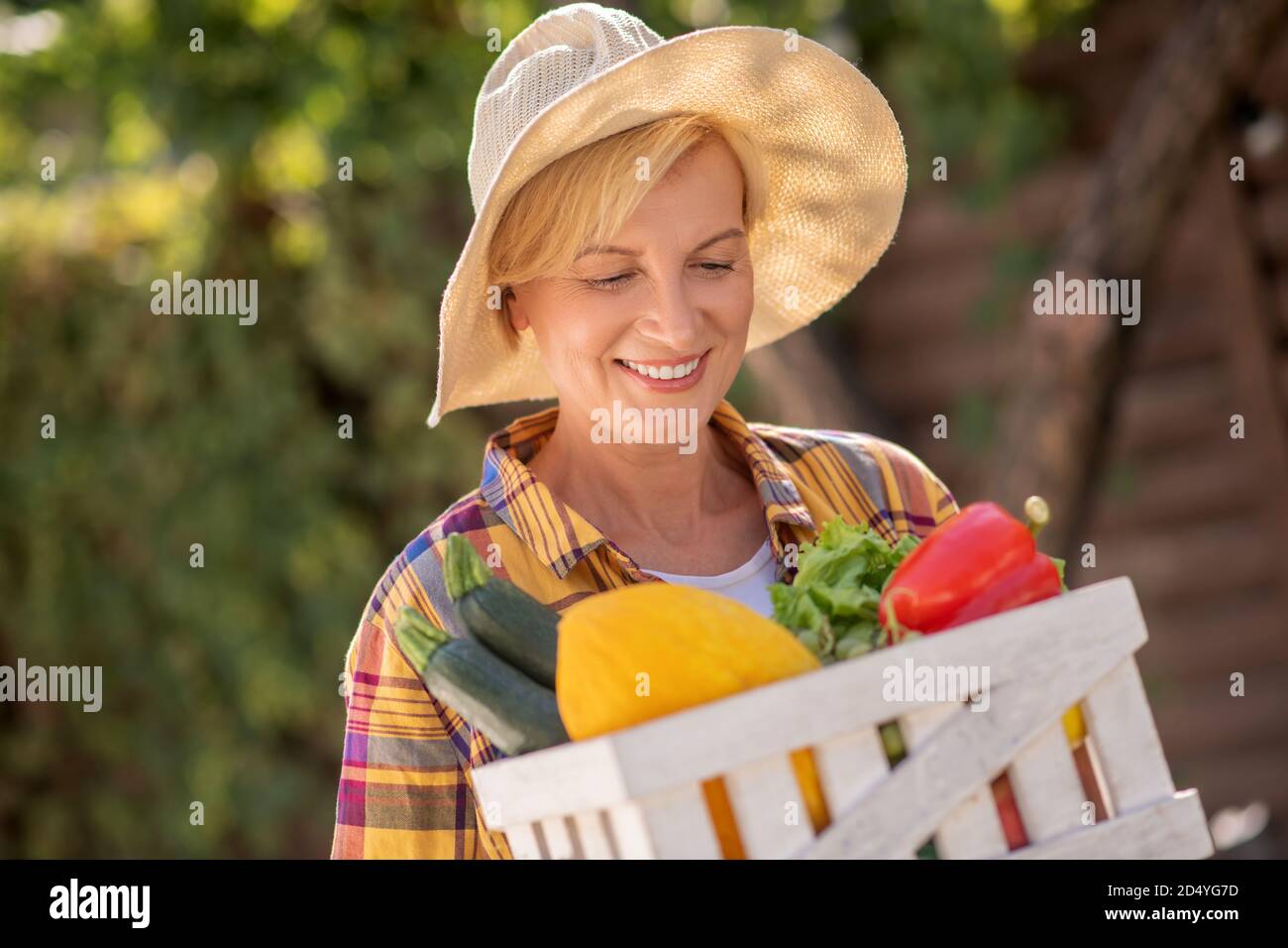 Femme blonde tenant le panier avec des légumes, regardant son contenu Banque D'Images