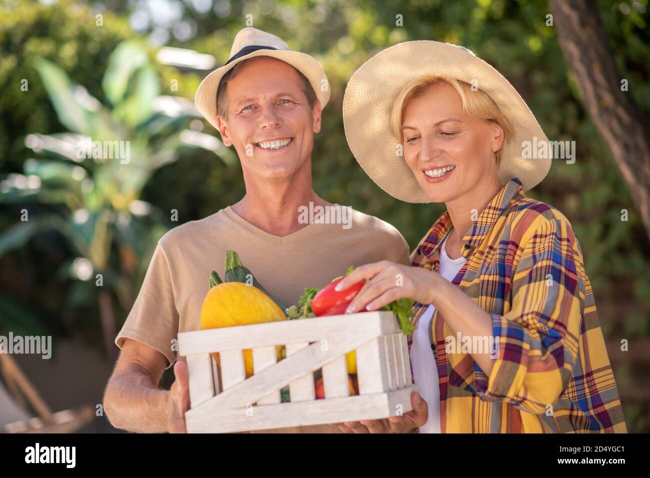 Joyeux fermiers hommes et femmes tenant le panier avec des légumes Banque D'Images