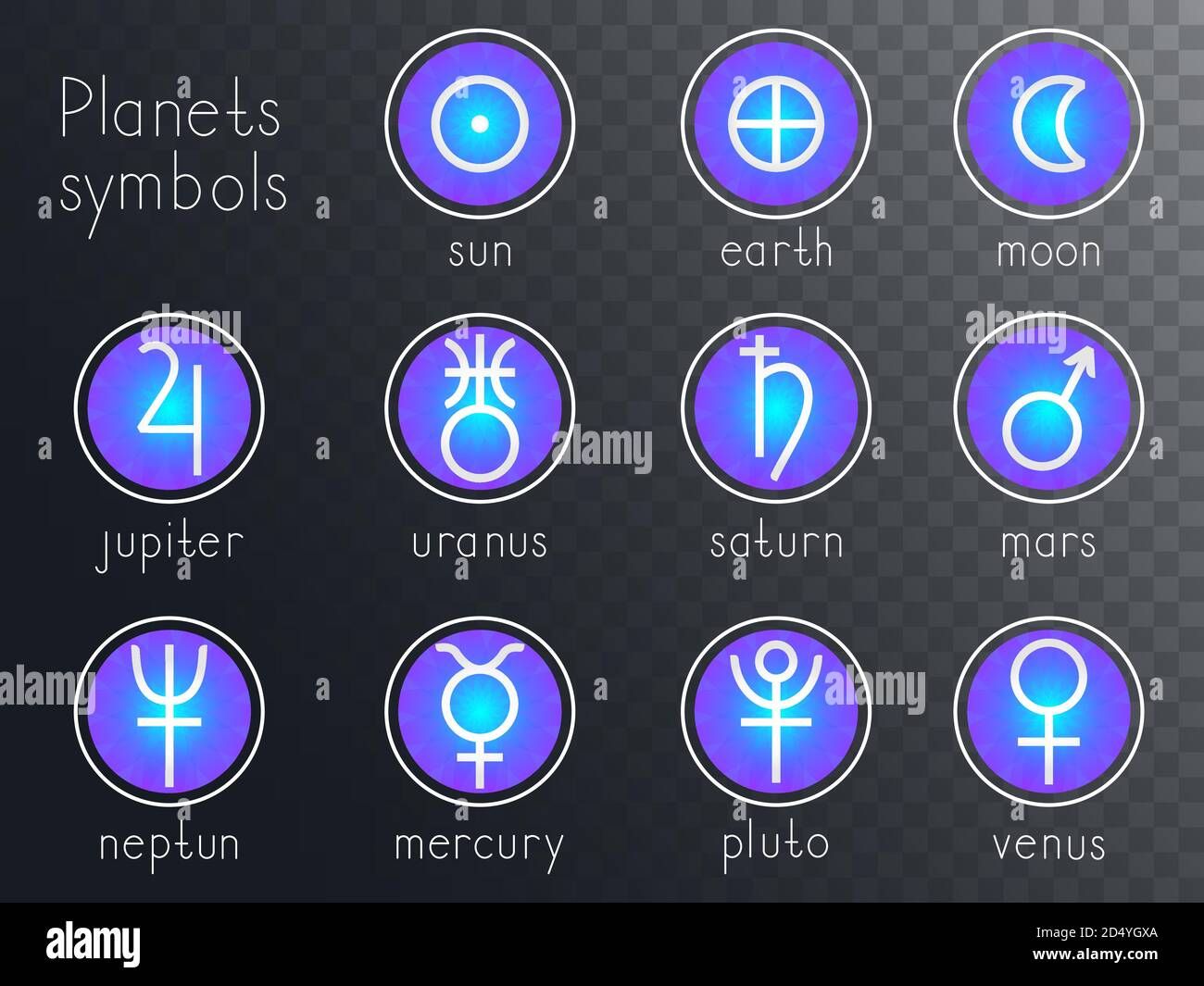 Ensemble vectoriel d'icônes rondes avec symboles de planètes astrologiques. Collection de signes: soleil, terre, lune, saturne, uranus, neptune, jupiter, vénus, mars, pluton, Illustration de Vecteur