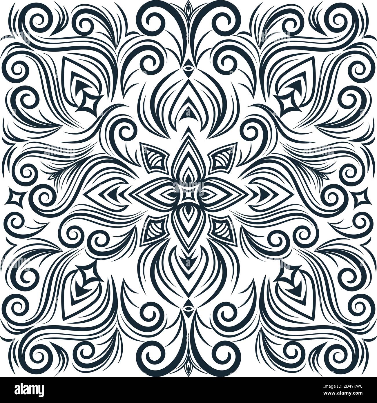 Décoration noire et blanche vectorielle abstraite, tourbillons courbes sans couture avec fleurs et boucles, dessin ethnique en ligne. Tissus anciens Illustration de Vecteur