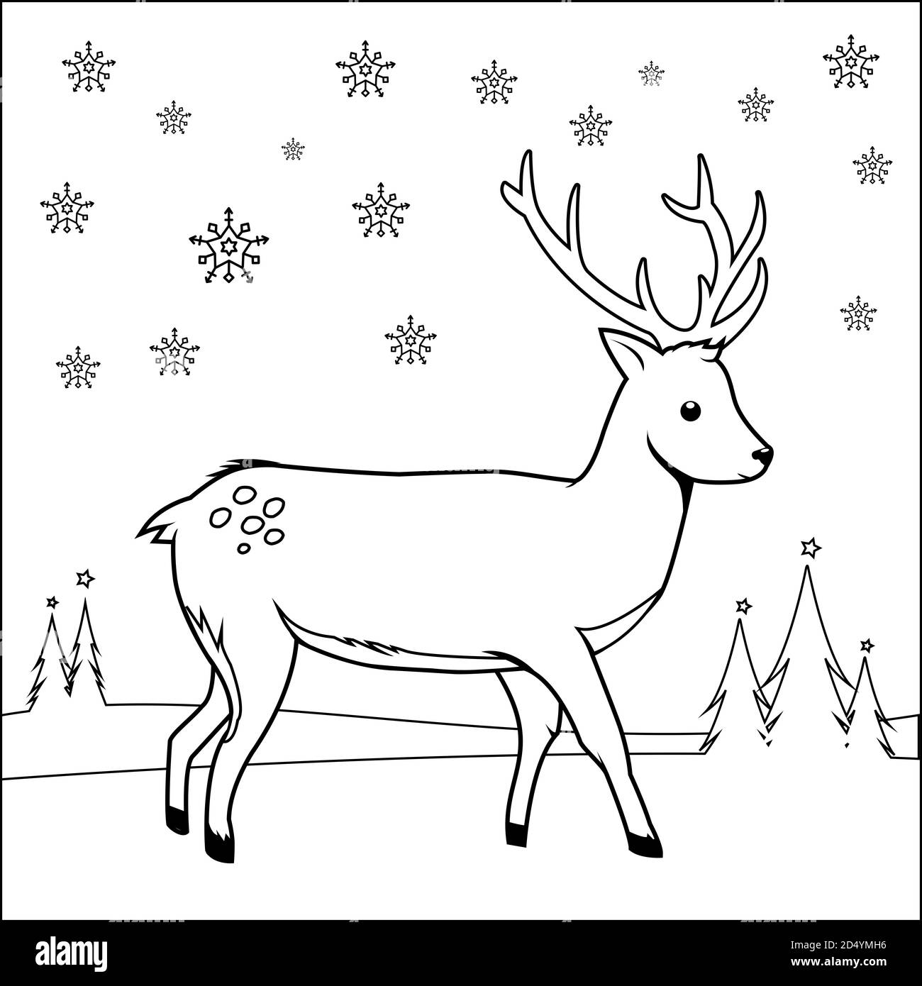 Cerf dans la neige. Page de couleur noir et blanc Banque D'Images