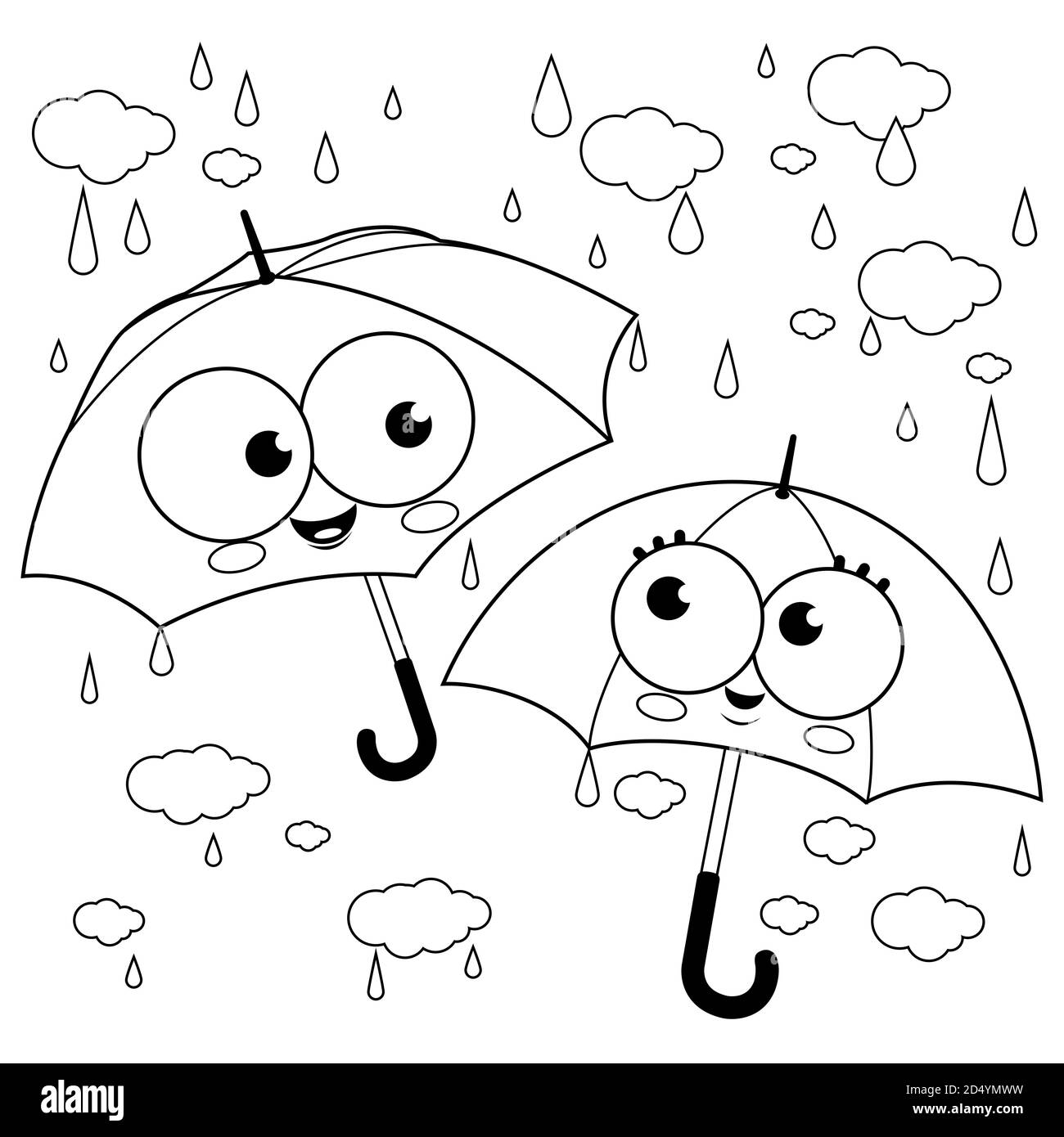 De jolis personnages de parapluie sous la pluie. Page de couleur noir et blanc Banque D'Images