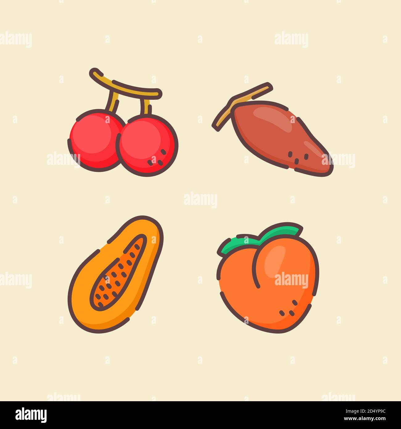 Fruit Icon Set collection Cherry papaye pêche date blanc isolé arrière-plan avec style de contour plat couleur Illustration de Vecteur