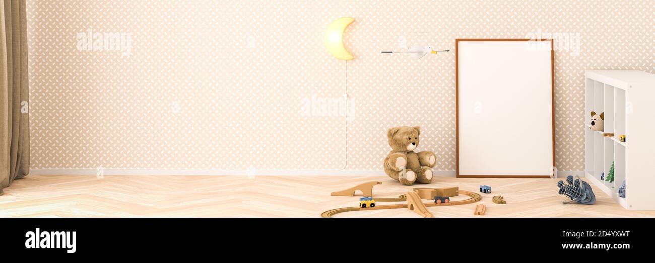 Intérieur de la chambre des enfants maquette avec un cadre photo vide (70x100cm). Ours en peluche, chemin de fer en peluche, mammouth, jouet chat, lampe de lune, rideau et panneau latéral. P Banque D'Images