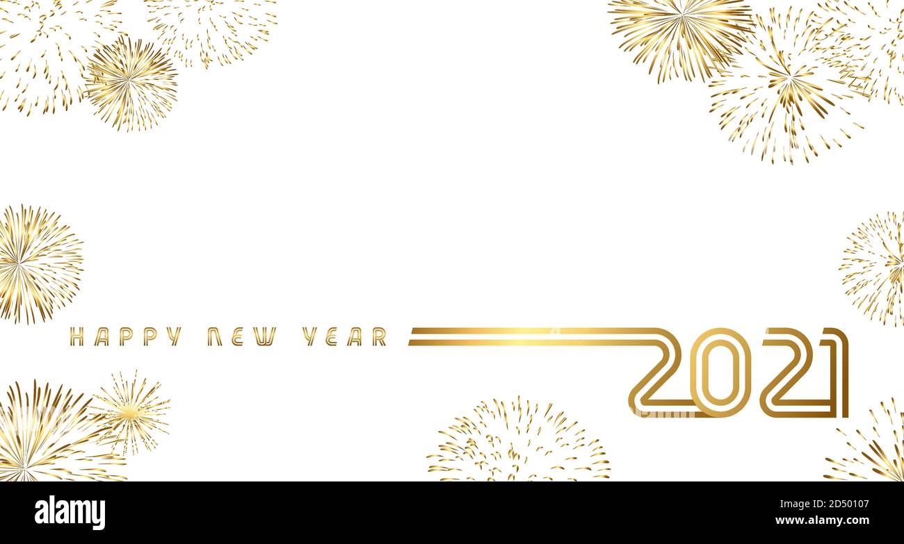Joyeux nouvel an 2021, hommage en or. Numéro 20 et 21 et feu d'artifice, bannière de Noël. Illustration vectorielle avec typographie dorée isolée sur blanc Illustration de Vecteur