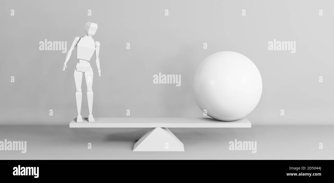 Égalité, concept de stabilité avec balance, échelle, ballon ou globe, équilibre de modèle de caractère dans un intérieur de studio blanc réaliste, illustration de rendu 3d Banque D'Images