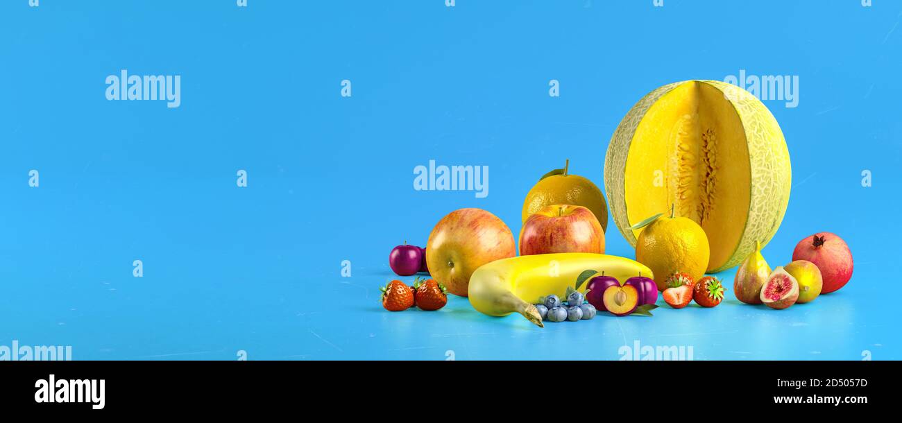 Des fruits sains avec des vitamines sur fond bleu. Fruits doux frais biologiques. Pommes, banane, orange, prunes, fraises. Une alimentation saine. rendu 3d. Banque D'Images