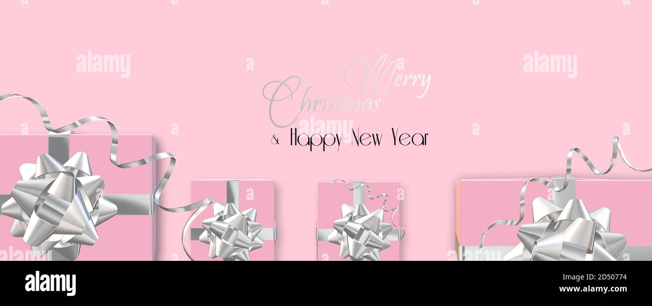 Fond de Noël luxueux avec des boîtes-cadeaux roses réalistes avec noeud argenté sur fond rose. Texte argent Joyeux Noël Bonne Année. Illustration horizontale Banque D'Images