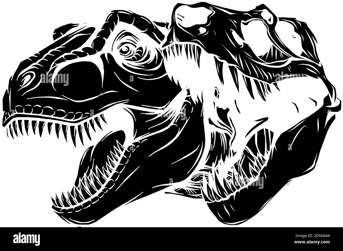 Portraits graphiques de tyrannosaure et de crâne isolés sur fond blanc, silhouette noire vectorielle Illustration de Vecteur