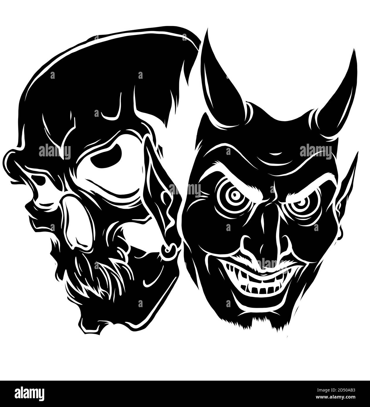 squelette et tête de diable mascot vecteur illustration silhouette noire Illustration de Vecteur