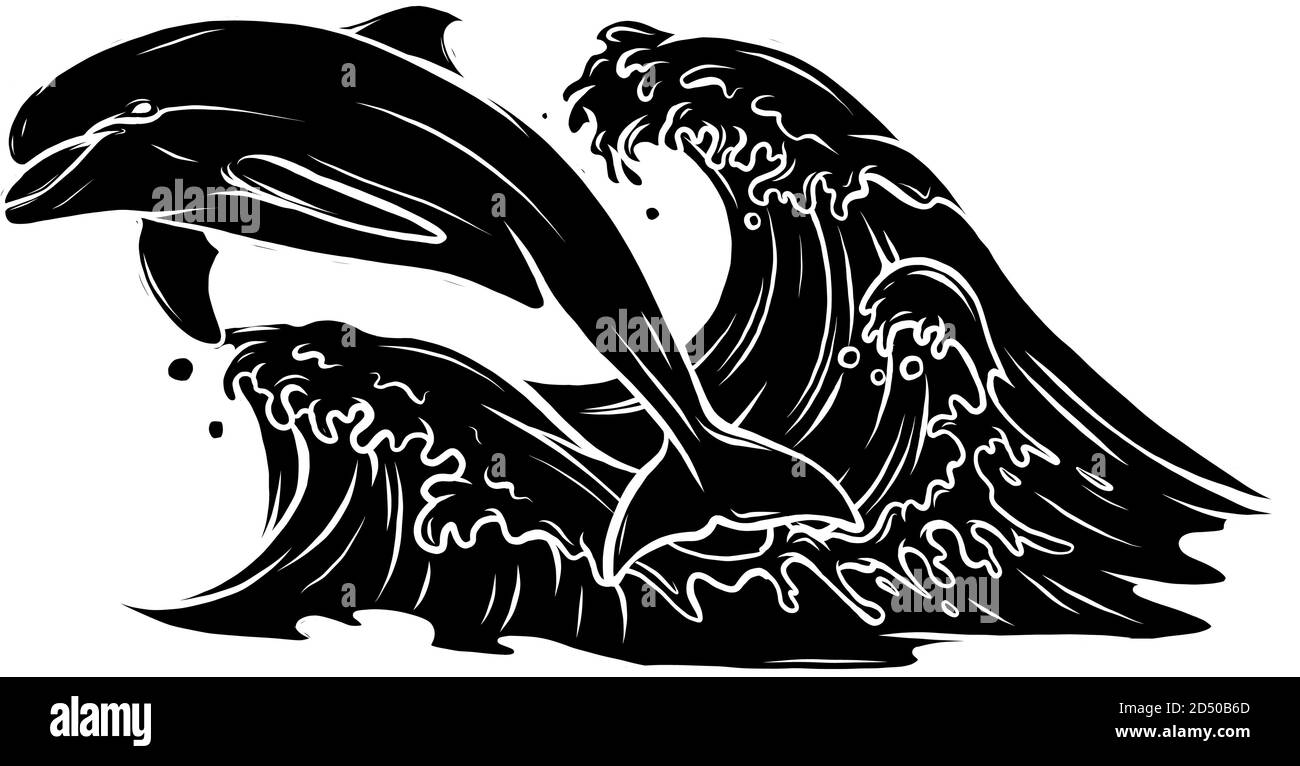 Silhouette noire les dauphins sautent dans l'illustration vectorielle des vagues de mer Illustration de Vecteur