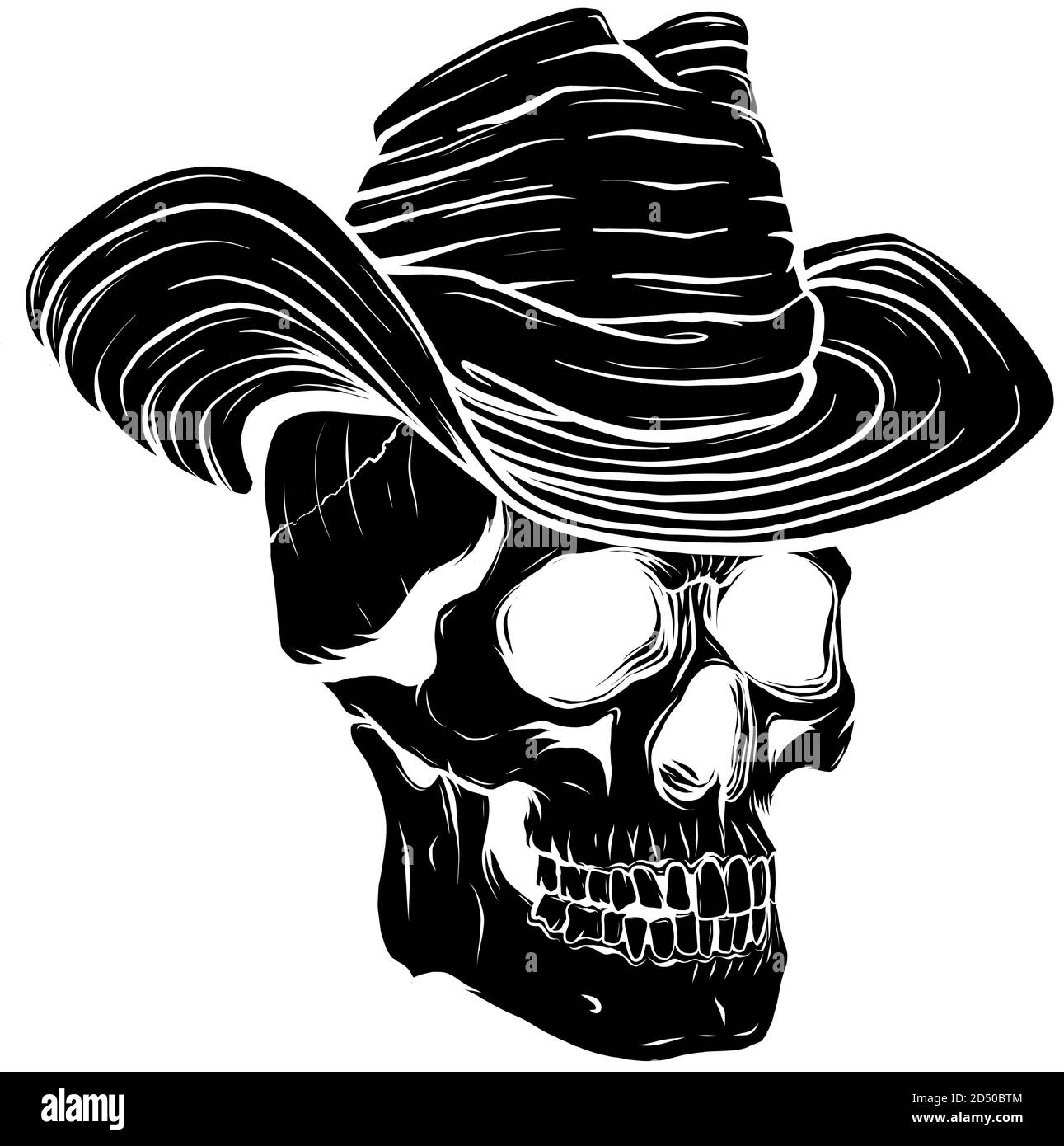 Silhouette noire crâne de cow-boy à l'effigie d'un chapeau en feutre classique en style dessin animé Illustration de Vecteur