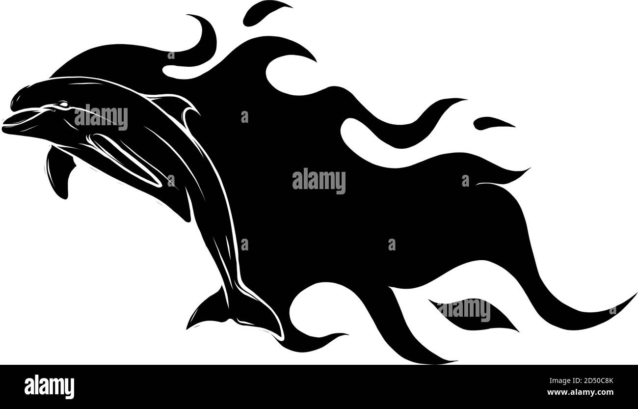 silhouette noire saut dauphin avec motif vectoriel de flammes Illustration de Vecteur