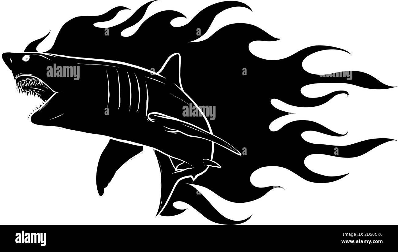 silhouette noire illustration d'attaque de saut de requin agressif. fond blanc Illustration de Vecteur