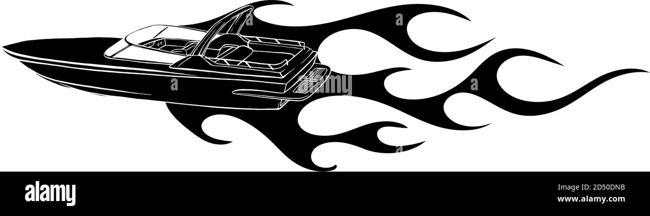 Silhouette noire illustration vectorielle des flammes du Speedboat. Bateau de luxe et cher. Illustration de Vecteur