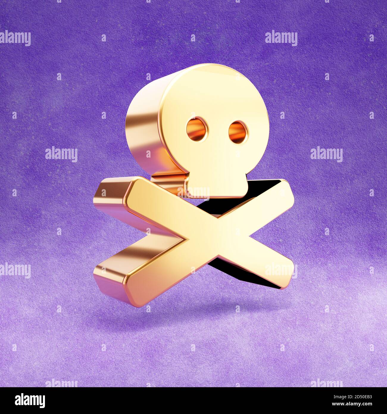 Icône crossbone du crâne. Symbole crossos de crâne doré brillant isolé sur fond de velours violet. Icône moderne pour site Web, médias sociaux, présentation, élément de modèle de conception. Rendu 3D. Banque D'Images