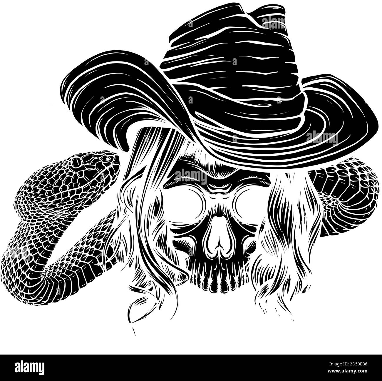 Tatouage silhouette noire avec crâne et serpent. Illustration vectorielle isolée. Illustration de Vecteur