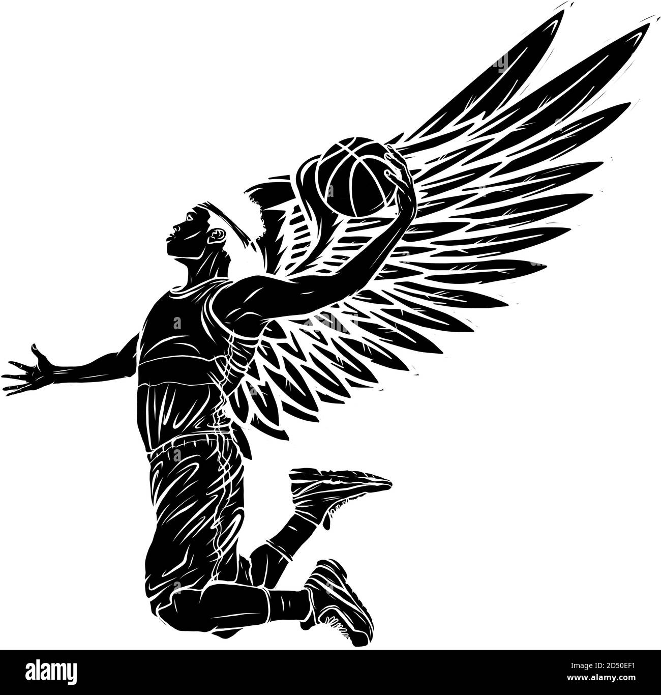 silhouette noire joueur de basket-ball sautant silhouette vectorielle stylisée, modèle de logo dans le style de dessin souligné Illustration de Vecteur