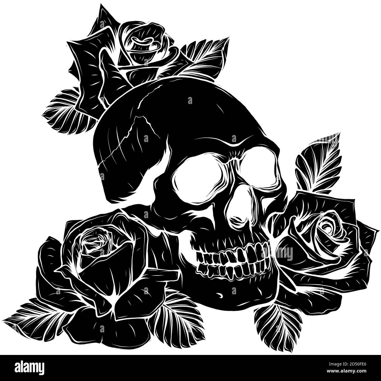 Silhouette noire illustration vectorielle isolée d'un crâne avec des roses et les feuilles Illustration de Vecteur