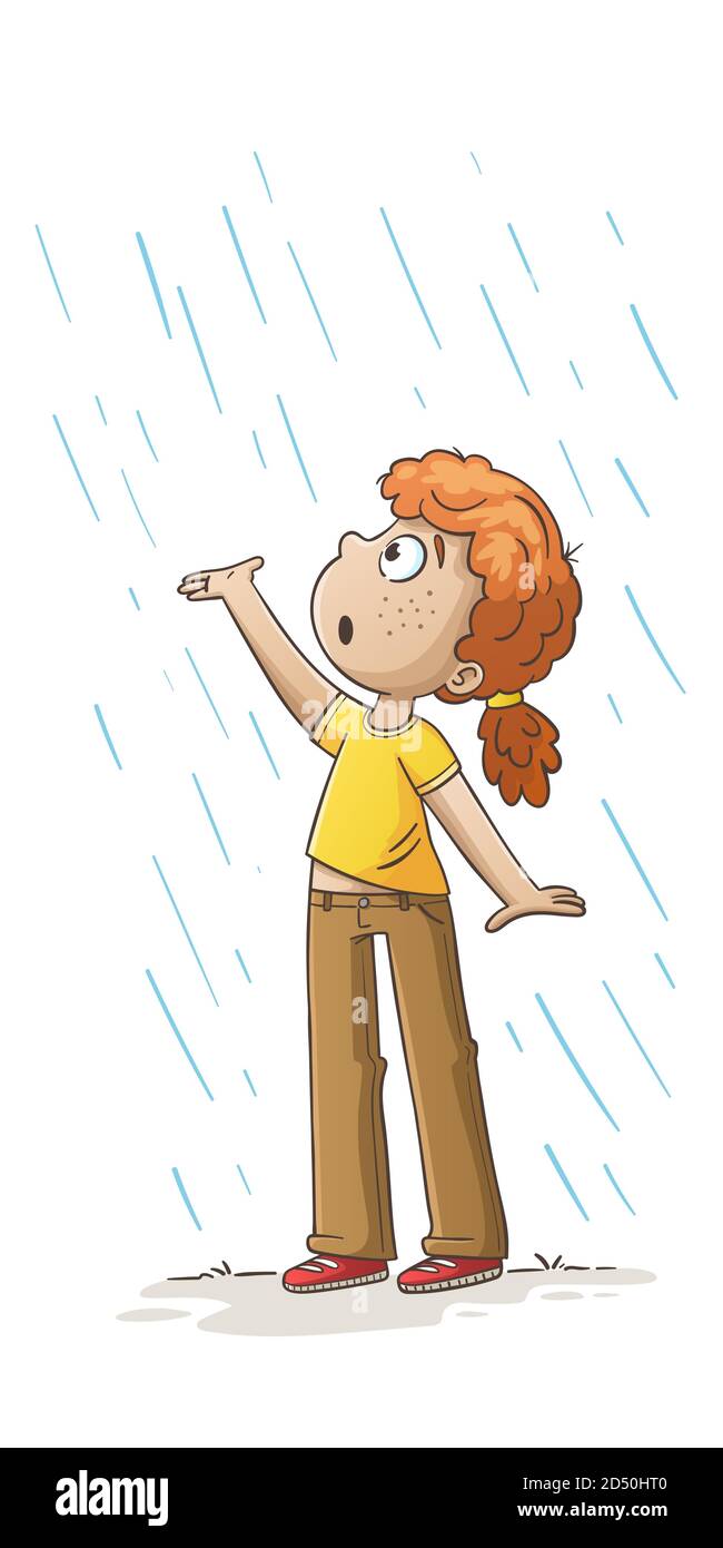 La petite fille est debout sous la pluie. Illustration vectorielle dessinée à la main avec des calques séparés. Illustration de Vecteur
