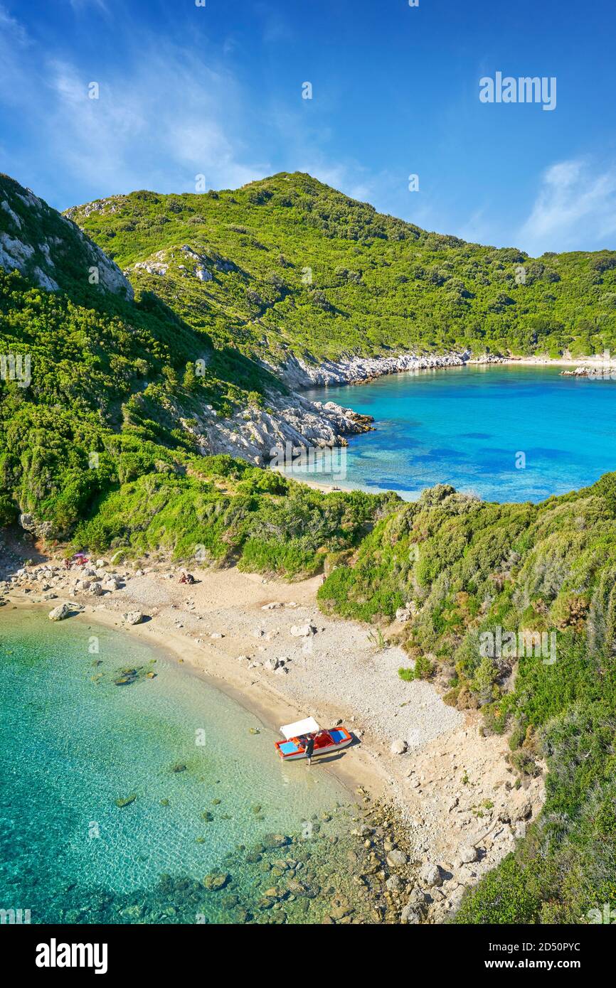 Porto Timoni Beach, double baie de plage, Corfou, Grèce Banque D'Images