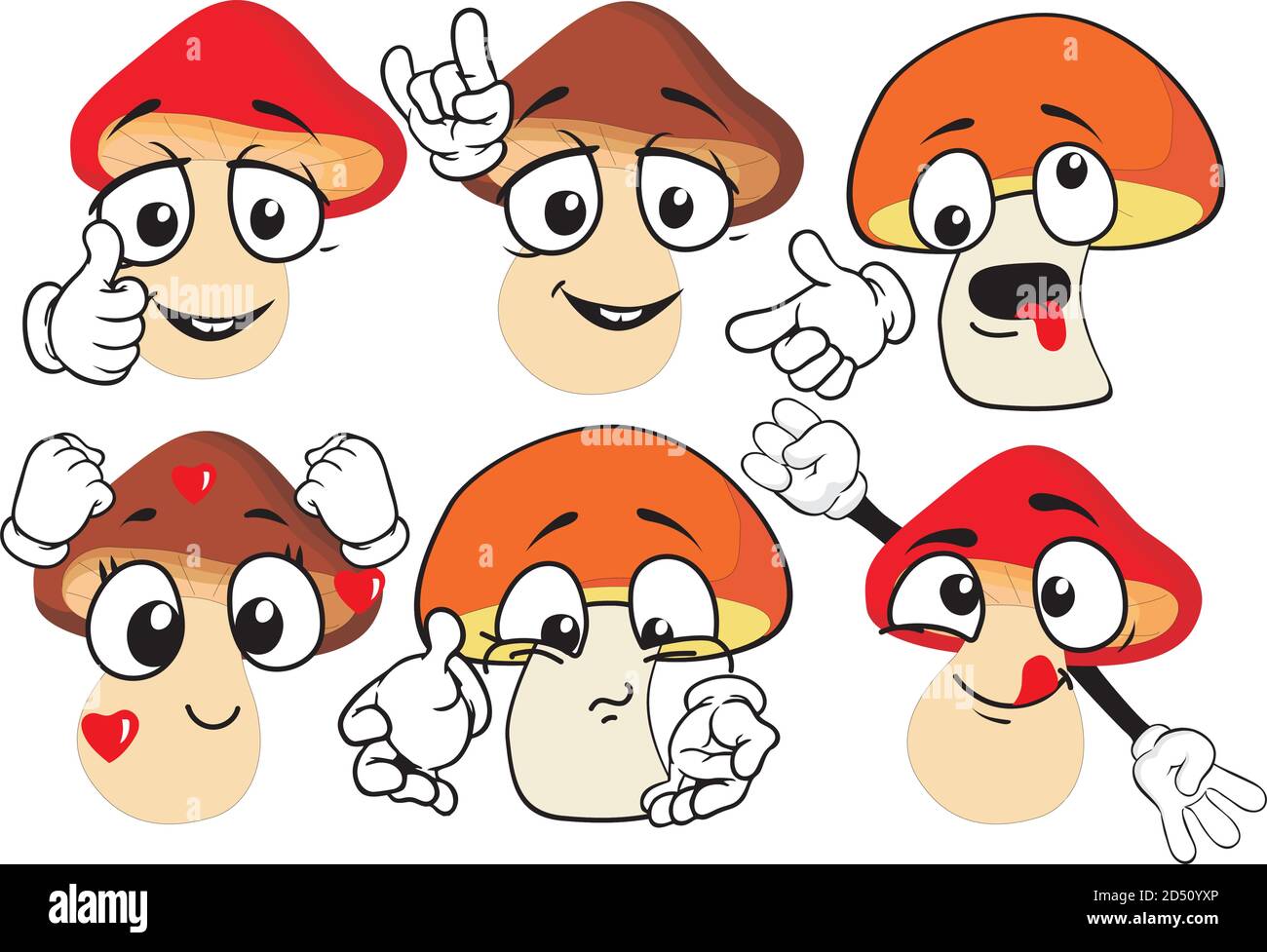 Ensemble vectoriel de caractères de dessin animé avec de nombreuses expressions. Machrooms. Illustration de Vecteur