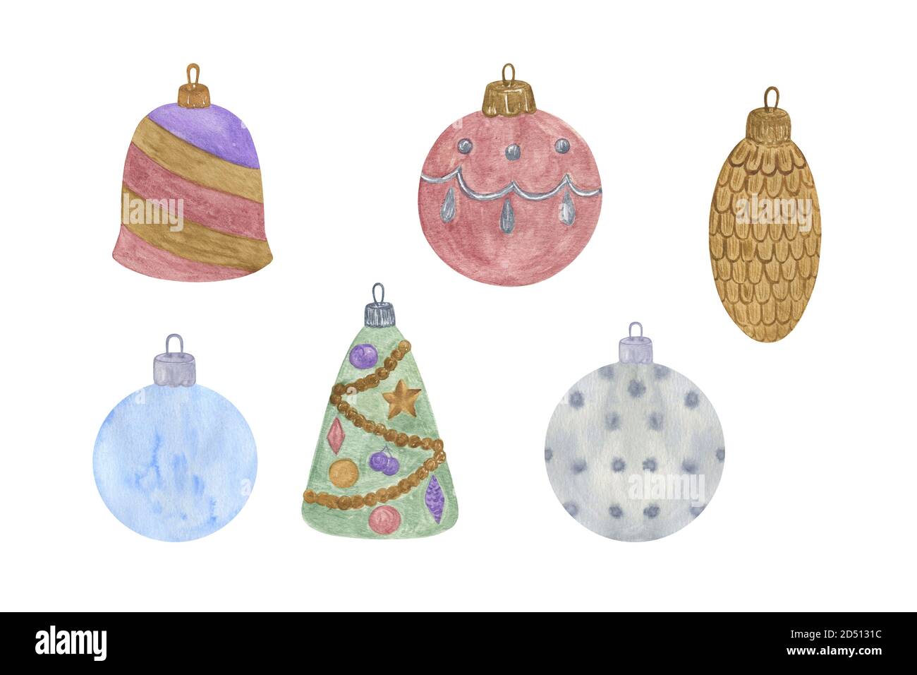 Décoration arbre de Noël ensemble d'aquarelle dessinée à la main illustration sur fond blanc motif d'ambiance festive pour carte de voeux, bannière, motif fête d'hiver Banque D'Images