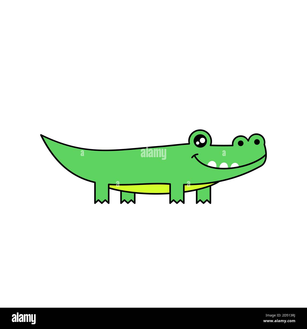 Joli dessin crocodile. Personnage de dessin animé drôle avec contour noir. Grand crocodile vert souriant. Isolé sur fond blanc. Dessin vectoriel simple. Illustration de Vecteur