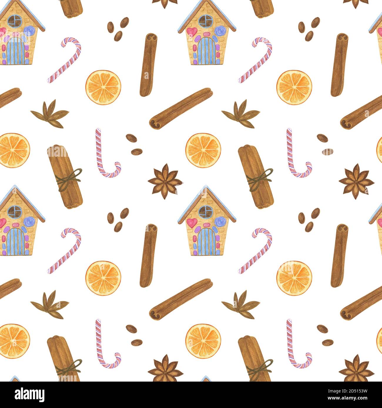Épice de Noël, maison de pain d'épice, canne à sucre, anis, cannelle, tranche d'orange fête des vacances d'hiver dessin à la main aquarelle illustration répétition, sur fond blanc image d'humeur festive Banque D'Images