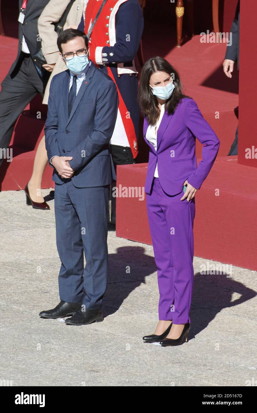 Madrid, Madrid, Espagne. 12 octobre 2020. Alberto Garzon, Irene Montero, Salvador Illa assiste à la parade militaire de la Journée nationale au Palais Royal le 12 octobre 2020 à Madrid, Espagne crédit: Jack Abuin/ZUMA Wire/Alay Live News Banque D'Images