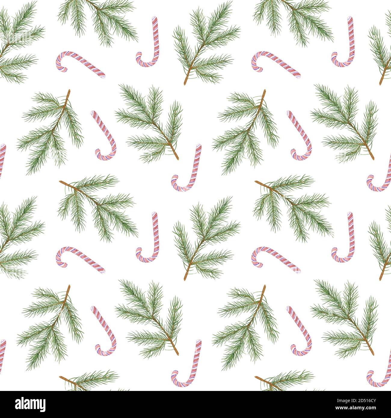 Répétition de motif de branche de sapin et de canes de bonbons aquarelle illustration, simple main dessin d'ambiance festive modèle sans couture pour carte de voeux, bannière, fête d'hiver design Banque D'Images
