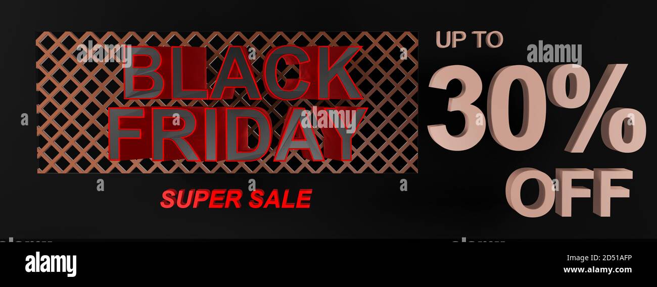 Bannière, affiche ou arrière-plan de grande qualité Black Friday Super sale avec texte 3D indiquant jusqu'à 30 % de réduction. Forme idéale pour une étiquette de billet d'oscillation Banque D'Images