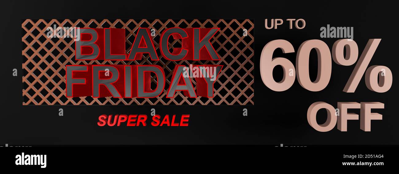 Bannière, affiche ou arrière-plan de grande qualité Black Friday Super sale avec texte 3D indiquant jusqu'à 60 % de réduction. Forme idéale pour une étiquette de billet d'oscillation Banque D'Images