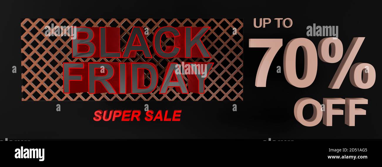 Bannière, affiche ou arrière-plan de grande qualité Black Friday Super sale avec texte 3D indiquant jusqu'à 70 % de réduction. Forme idéale pour une étiquette de billet d'oscillation Banque D'Images