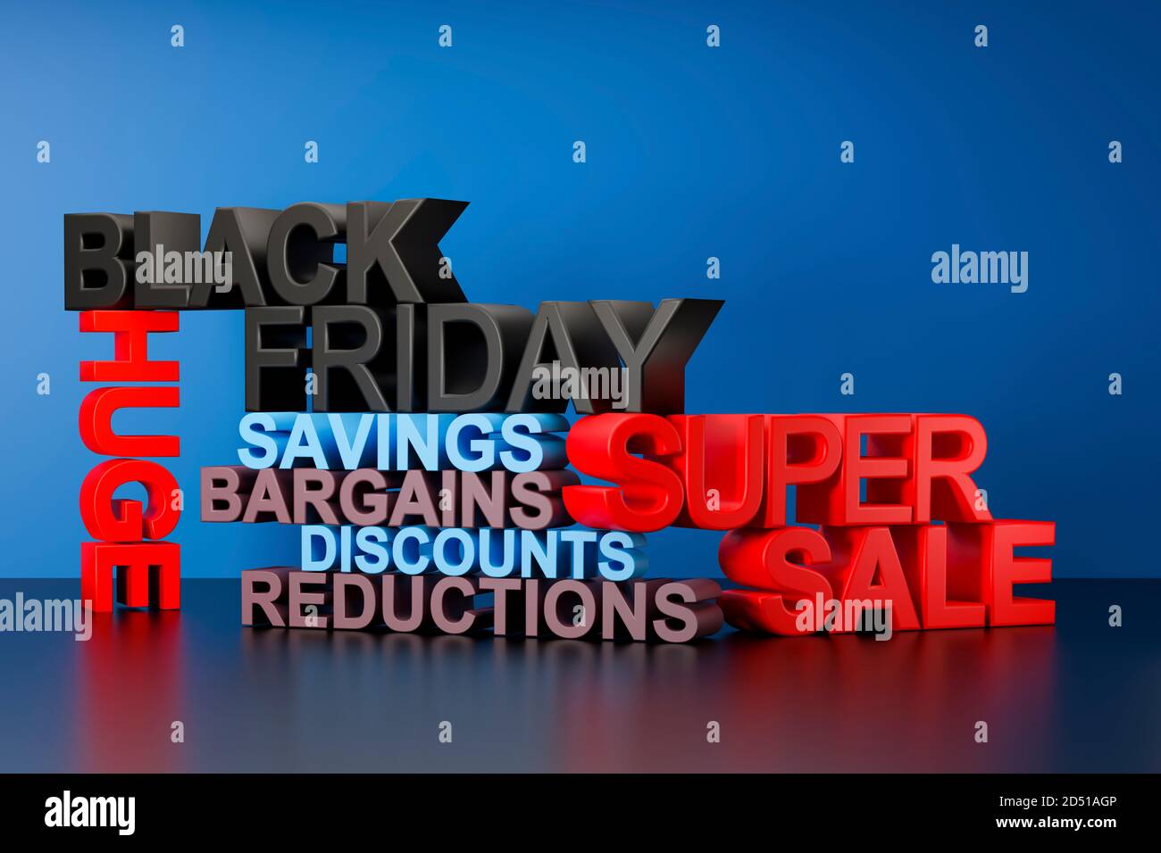 Black Friday super vente 3D bloc de texte arrière-plan, affiche ou bannière avec des mots y compris noir, vendredi, super, vente, énorme, économies, bonnes affaires, réductions Banque D'Images