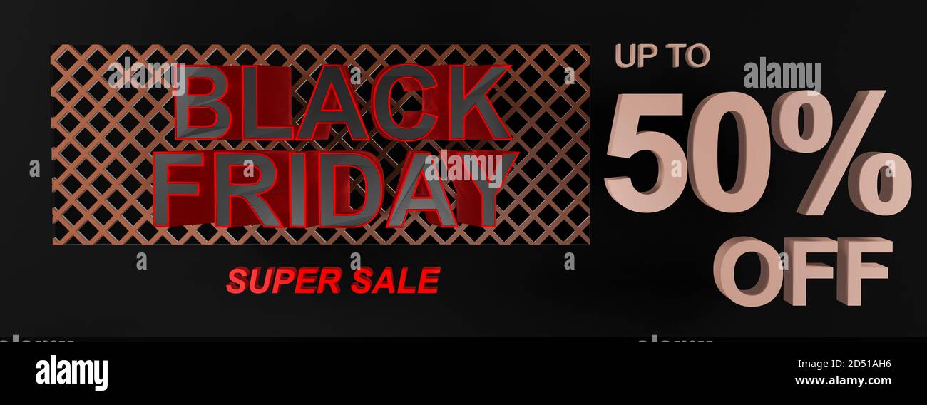 Bannière, affiche ou arrière-plan de grande qualité Black Friday Super sale avec texte 3D indiquant jusqu'à 50 % de réduction. Forme idéale pour une étiquette de billet d'oscillation Banque D'Images